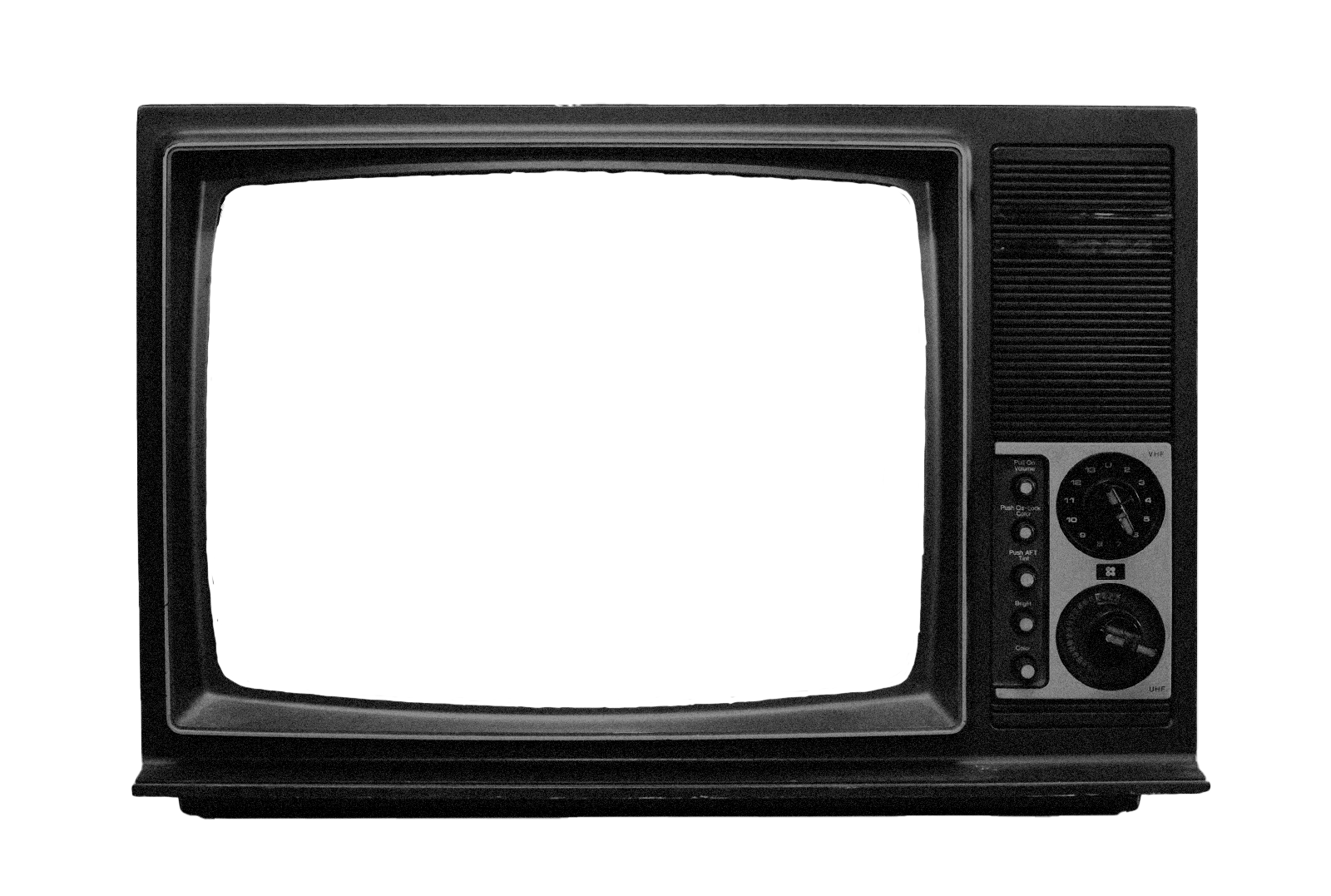 Retro television set with rounded screen and dials, sitting in a studio-themed environment, evoking a nostalgic and creative atmosphere